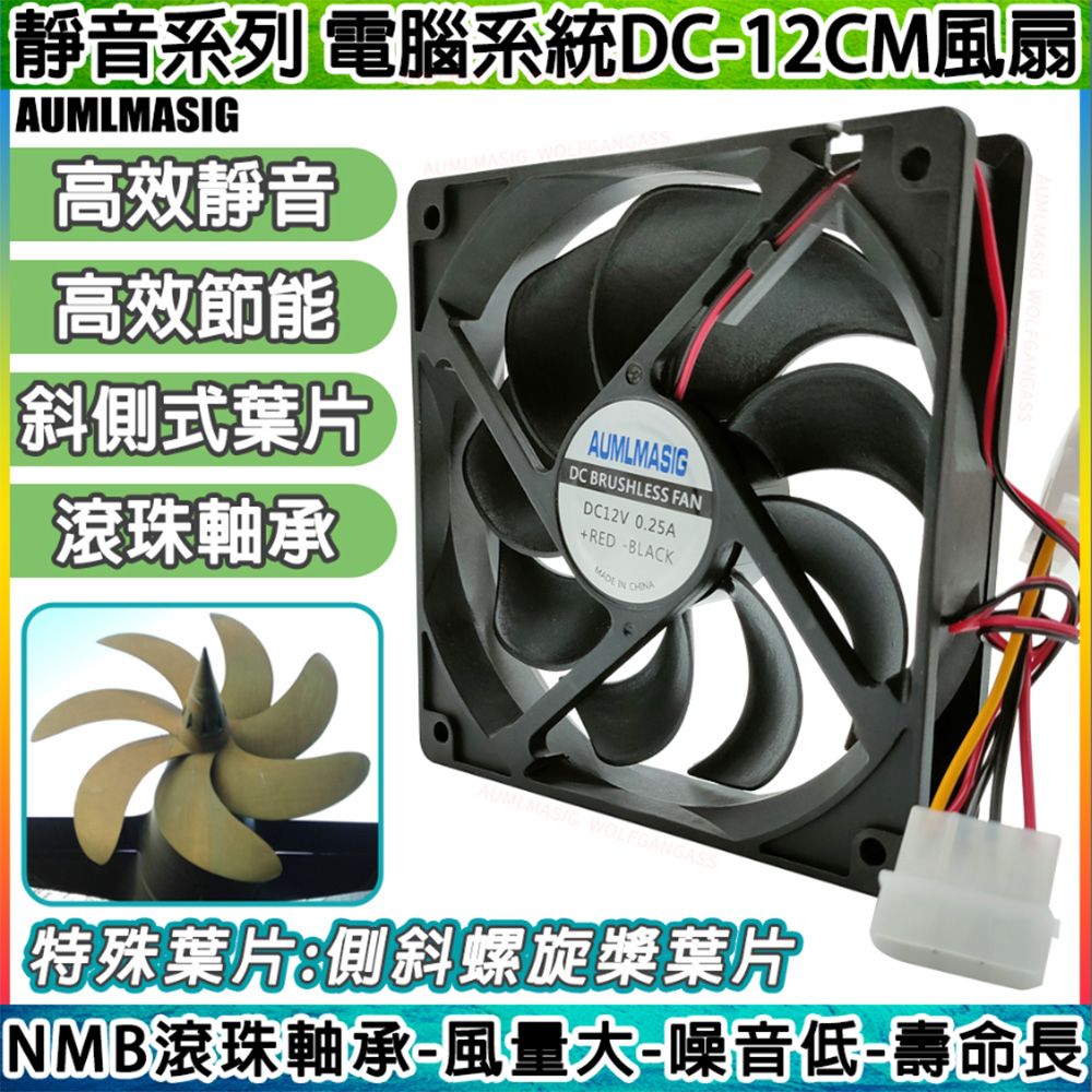一起購3組 高效靜音風扇-電腦系統風扇-雙顆滾珠軸承 DC-12CM 4萬小時壽命 斜側式旋渦葉片 高效節能 CPU風扇/顯卡風扇/機殼風扇/礦機風扇/礦架風扇適用 大4PIN供電
