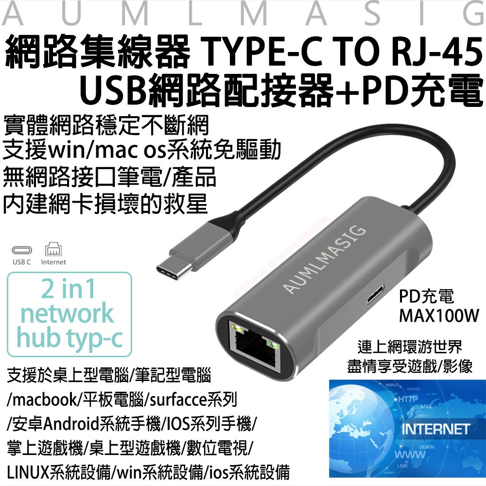 免運送到府USB網路集線器TYPE-C TO RJ-45網路配接器+PD100W充電 採用台灣瑞昱科技晶片實體網路穩定不斷網 支援win/mac os系統免驅動 無網路接口筆電/產品 內建網卡損壞的救星