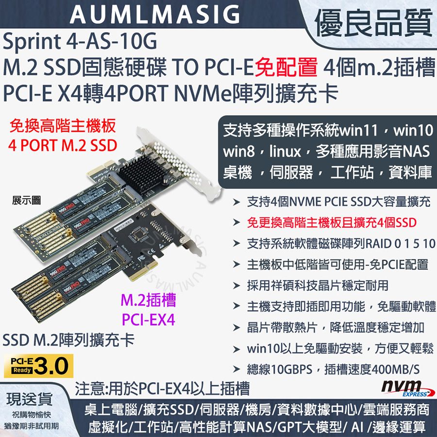 【Sprint 4-AS-10G】高速NVME SSD 4PORT M.2 TO PCI-E4.0 16X CARD 軟RAID SSD陣列卡高速儲存資料
