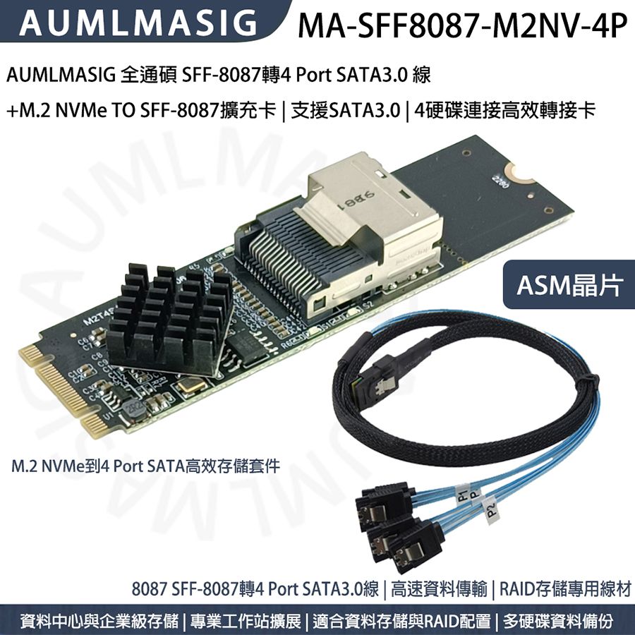 SFF-8087 to 4 Port SATA3.0數據線 +M.2 NVMe TO SFF-8087專屬擴充卡